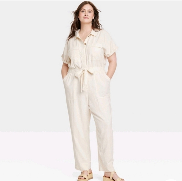 Women's Short Sleeve Linen Boilersuit - Universal Thread Cream 8 - Picture 1 of 16